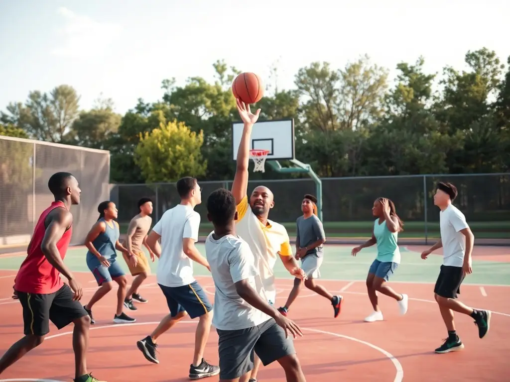 A group of diverse community members participating in a basketball game at a local sports facility, showcasing teamwork and active engagement.