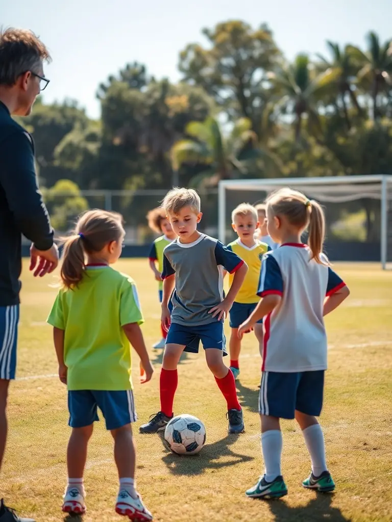 A vibrant image of children participating in a soccer clinic organized by LA ST CONSTANTINOISE, showcasing teamwork and active engagement.