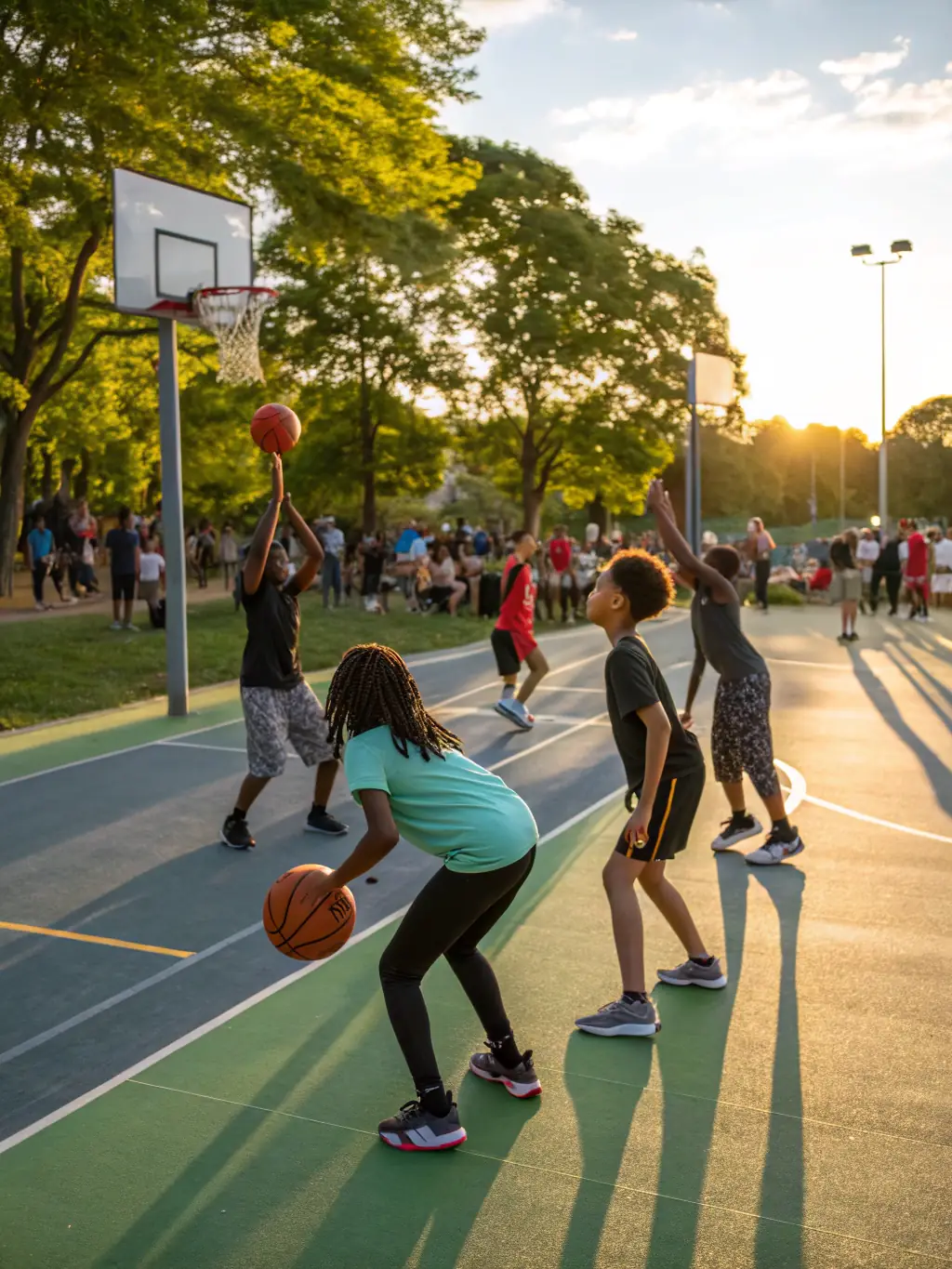 A dynamic image of adults participating in a basketball league game, highlighting the competitive spirit and community camaraderie.