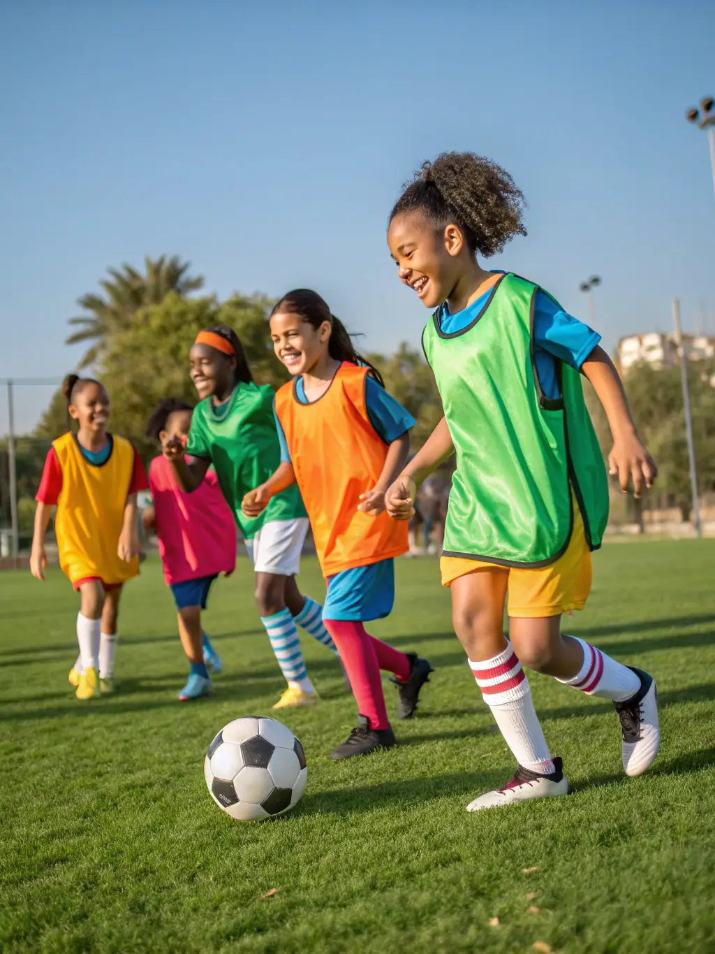 A dynamic image of children participating in a soccer training session, showcasing teamwork and active engagement.