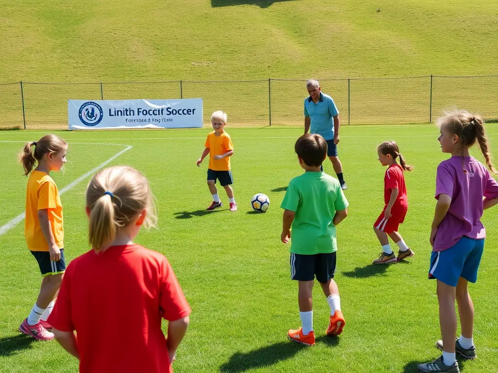 A photograph of children participating in a soccer clinic, emphasizing skill-building and positive coaching.