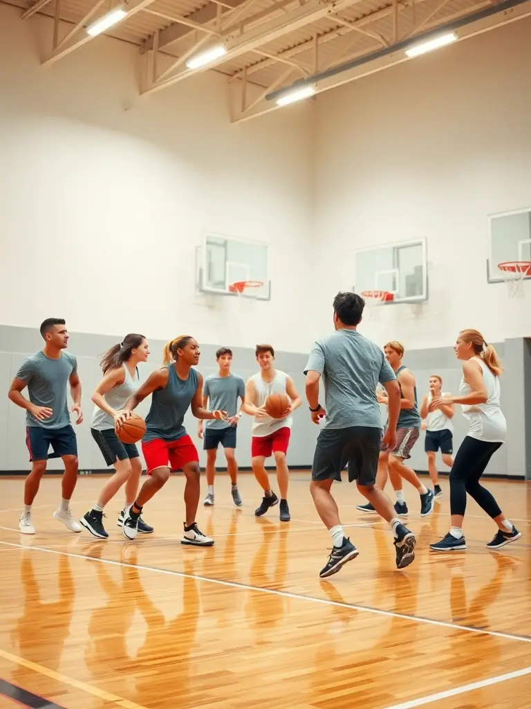 A group of adults participating in a basketball game at a local community center, emphasizing fitness and social interaction.