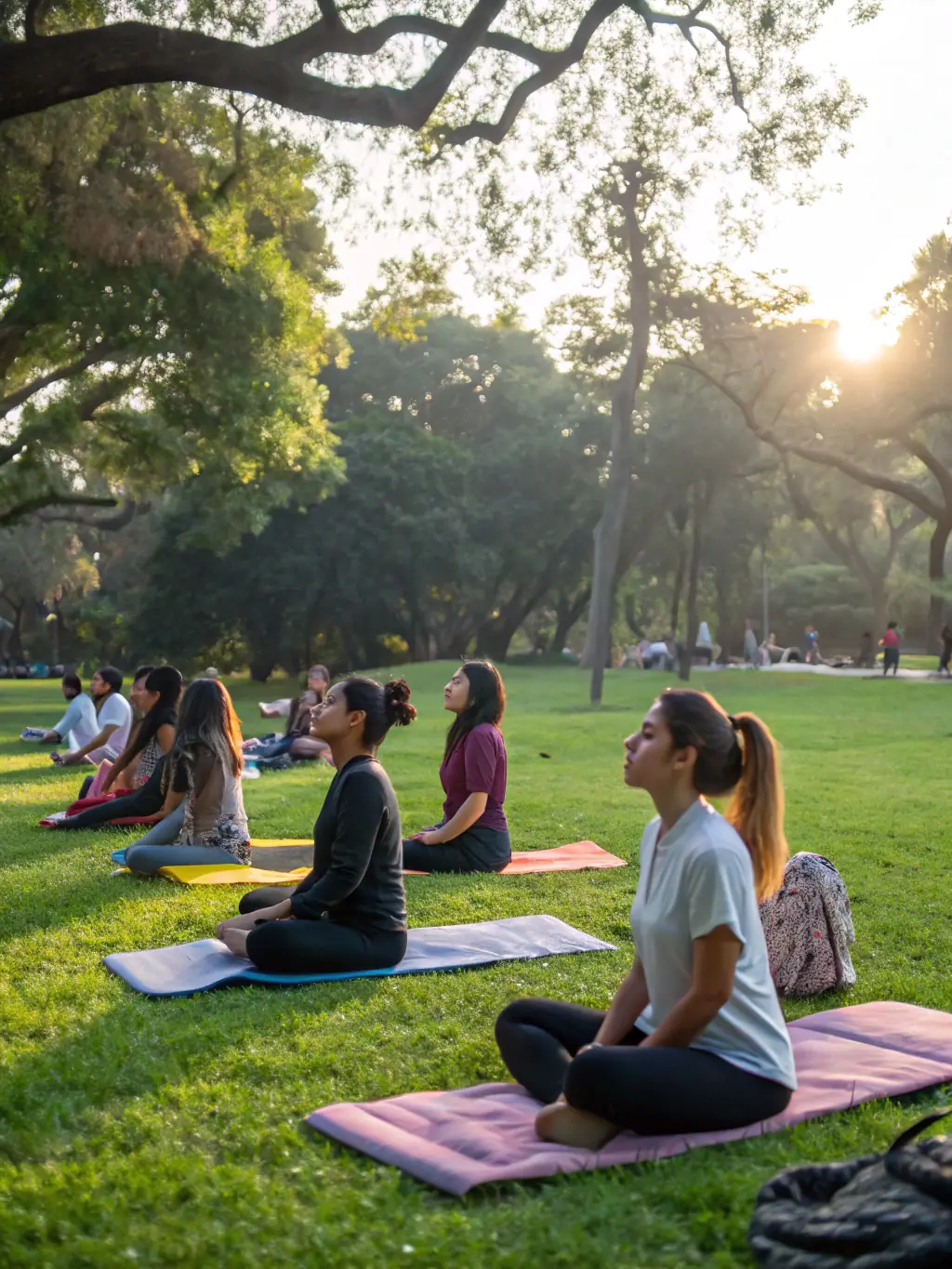 A serene image of participants engaged in a yoga session in a park, emphasizing relaxation and wellness.