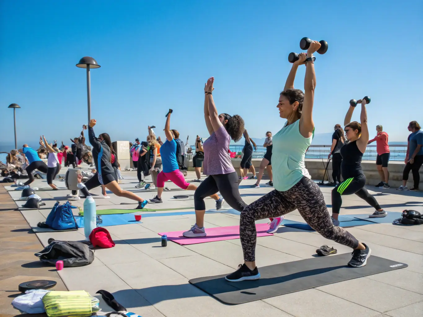 A diverse group of people participating in a group fitness class outdoors, demonstrating physical health and community engagement.