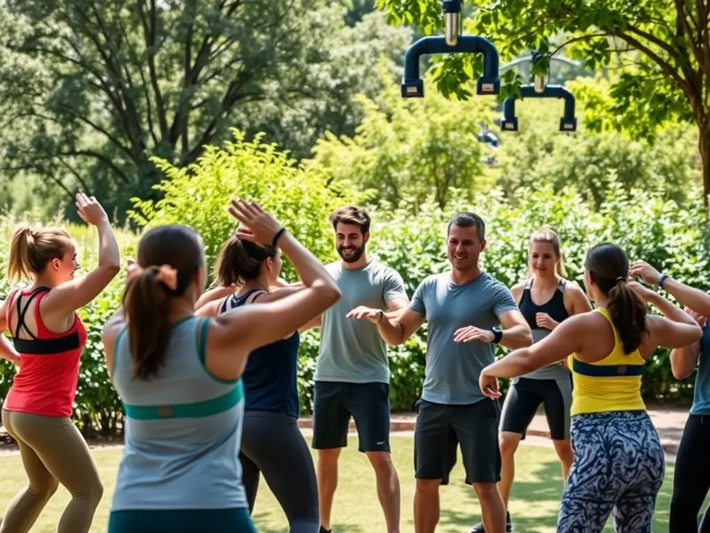 An inspiring image of adults participating in a group fitness class, highlighting the energy and community spirit of LA ST CONSTANTINOISE's fitness programs.
