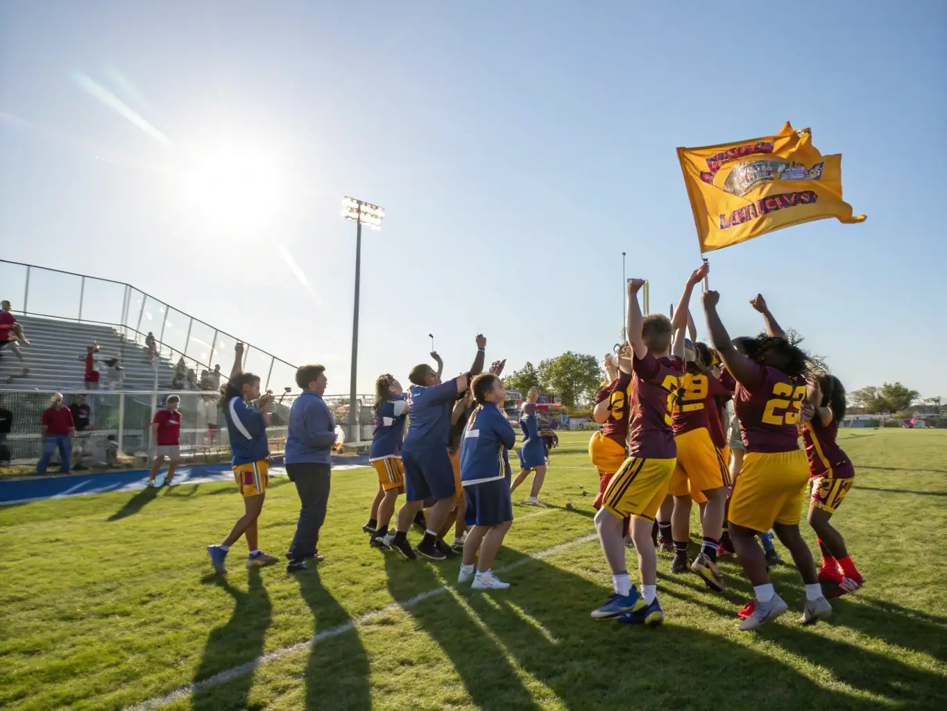 A team of young athletes celebrating a victory, showcasing teamwork and collaboration.