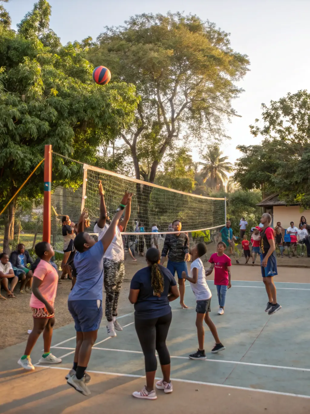 A diverse group of individuals participating in a recreational volleyball game, highlighting inclusivity and community spirit.