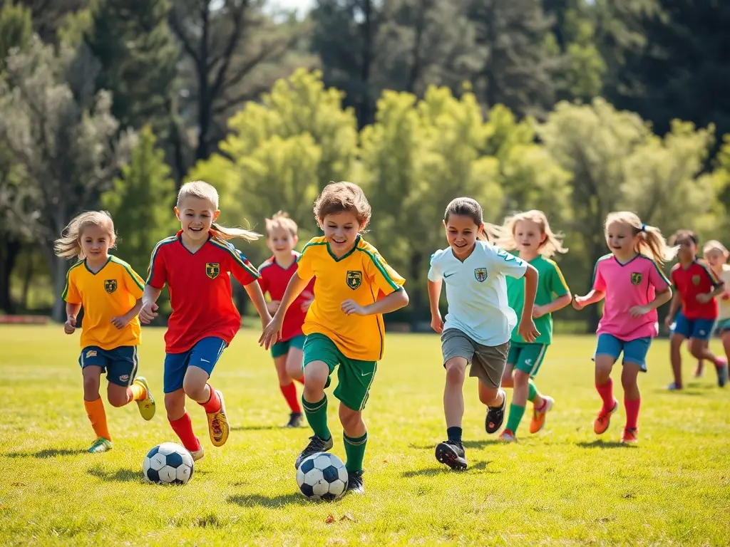 A vibrant image of children playing soccer in a local park, showcasing the joy and teamwork fostered by LA ST CONSTANTINOISE's youth soccer program.