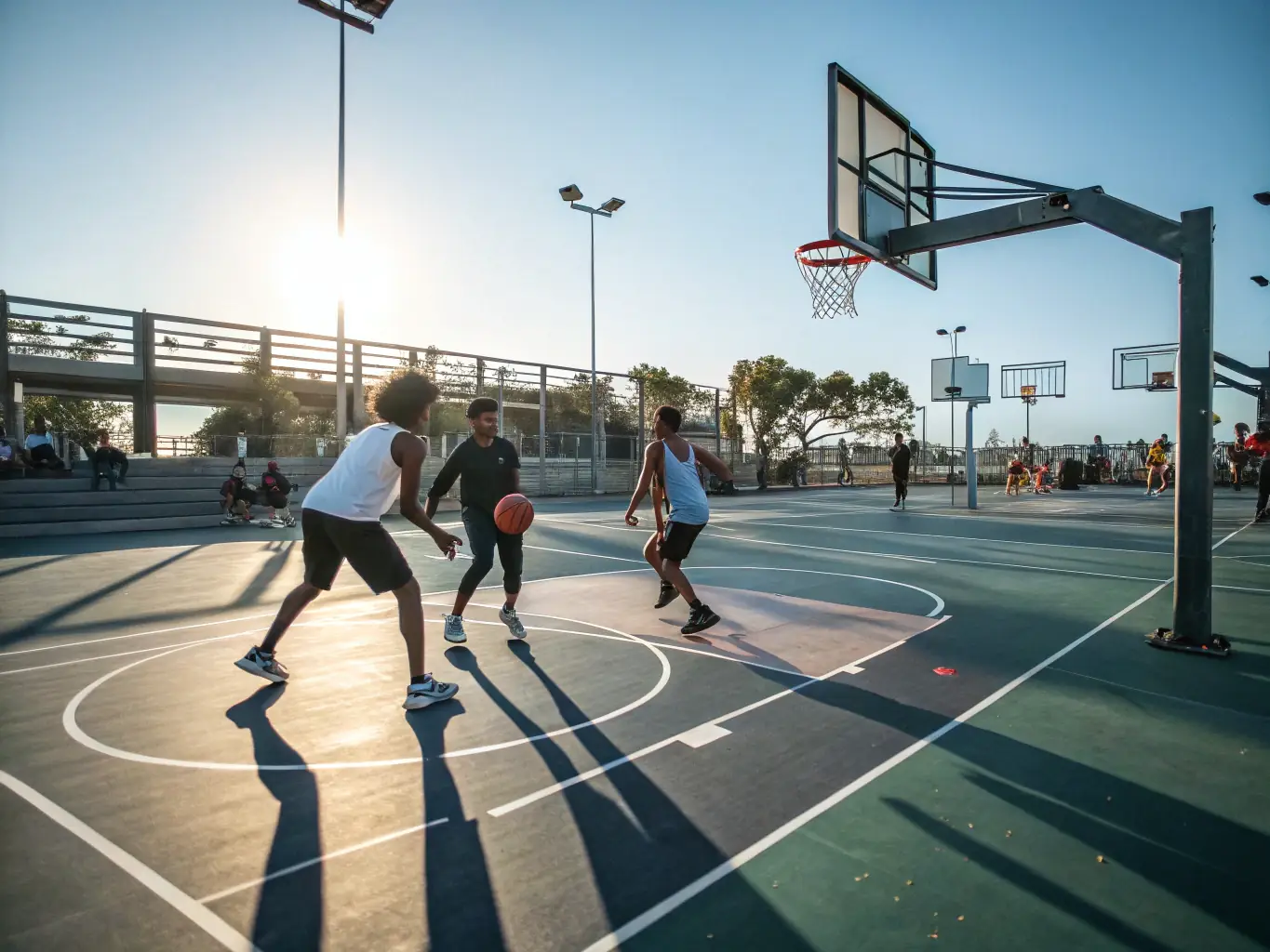A dynamic image of community members engaging in a recreational basketball game, emphasizing the inclusivity and fun of LA ST CONSTANTINOISE's recreational activities.