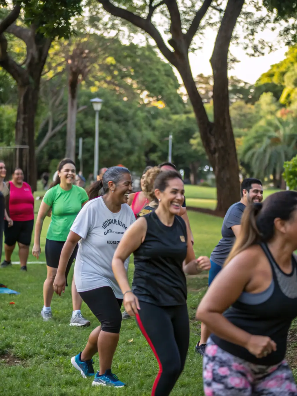 An image of people of various ages participating in a community fitness class in a park, promoting health and wellness.